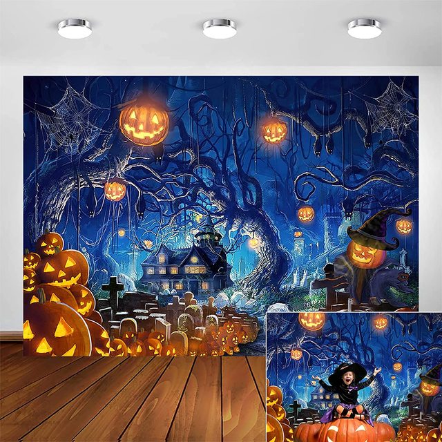 Halloween Party Backdrop Pumpkins Lantern Horror Night Tombstone